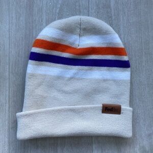 FedEx Knit Beanie Hat Cream Striped Cuffed Winter Cap One Size
